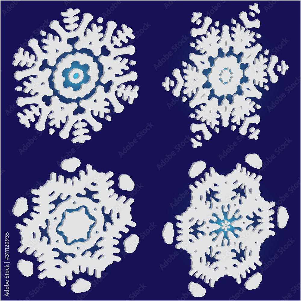 Kit of isolated silhouettes of snowflakes on blue background. Kit of isolated silhouettes of snowflakes on blue background.