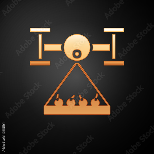 Gold Smart farm with drone control collects harvest icon isolated on black background. Innovation technology for agricultural company. Vector Illustration