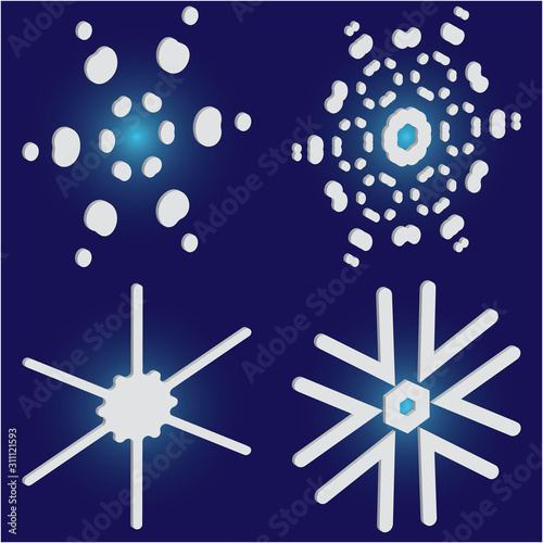 Set of isolated falling snowflakes on blue background.