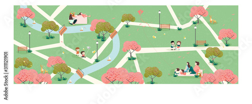 Fototapeta Naklejka Na Ścianę i Meble -  People relaxing in nature in spring time at the park.Wide panoramic of spring banner.Family outing to the park or picnic.Kid play kite,butterfly and apple flower blossom.People in spring concept.