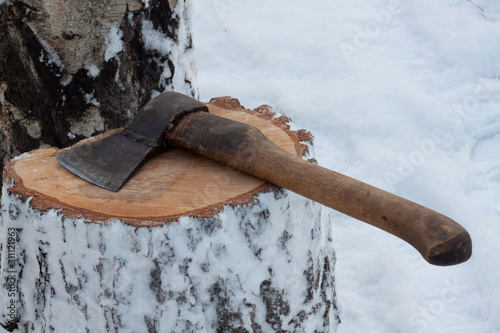 Ax on a snowy stump photo