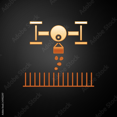 Gold Smart farm with drone control for seed planting icon isolated on black background. Innovation technology for agricultural company. Vector Illustration