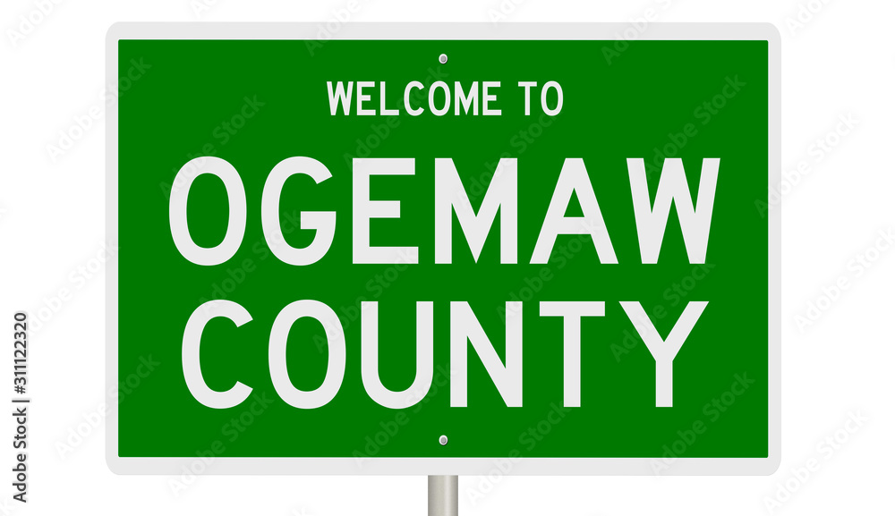 Rendering of a green 3d highway sign for Ogemaw County