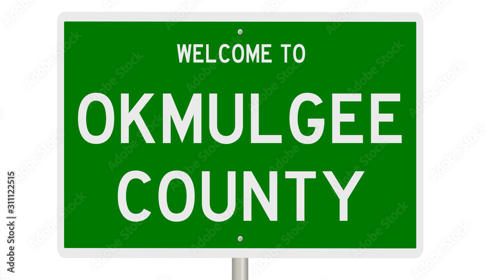 Rendering of a green 3d highway sign for Okmulgee County