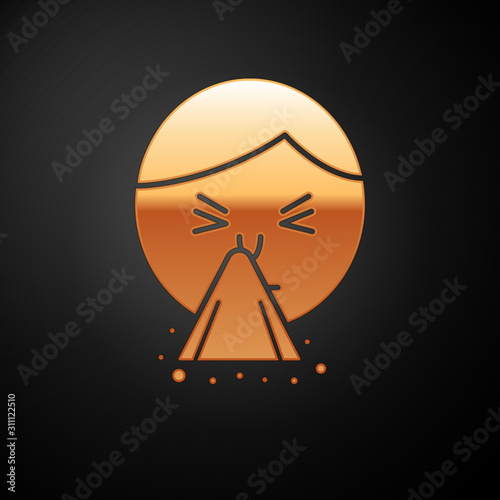 Gold Man holding handkerchief or napkin to his runny nose icon isolated on black background. Coryza desease symptoms. Vector Illustration