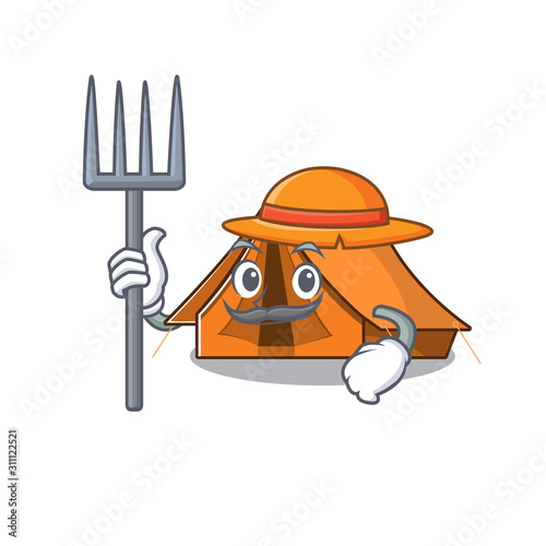 Happy Farmer camping tent Scroll cartoon character with hat and tools