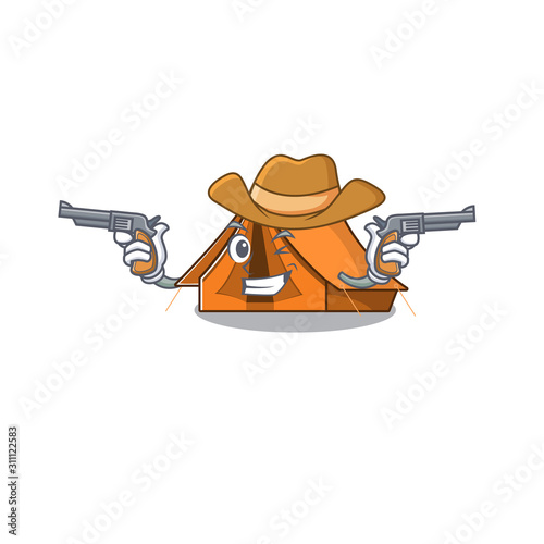 Camping tent Scroll mascot performed as a Cowboy with guns