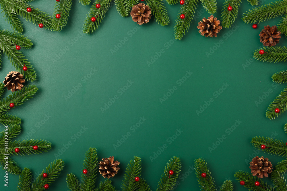 Happy new year, christmas day concept top view flat lay fir tree branches and decoration