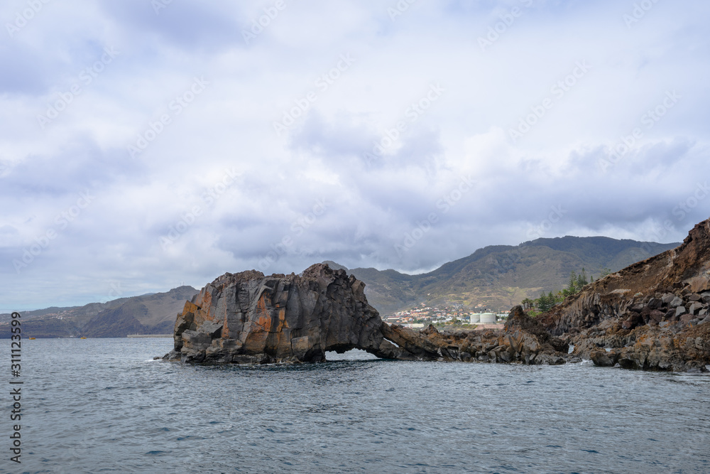 Elephant shaped volcanic cliff. Rocky coastline in peninsula Ponta de Sao Lourenco. Seashore in Portuguese island Madeira in the autumn.