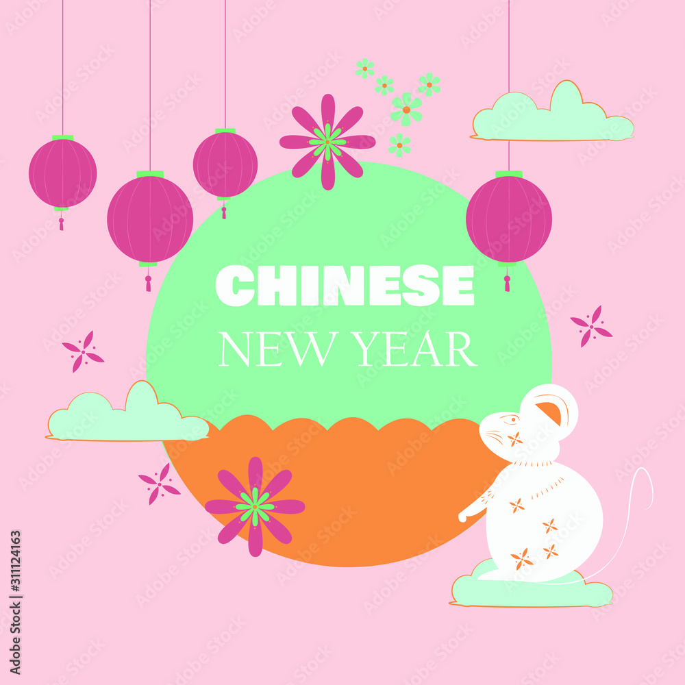 colorful chinese new year with cute mouse. flat design illustration