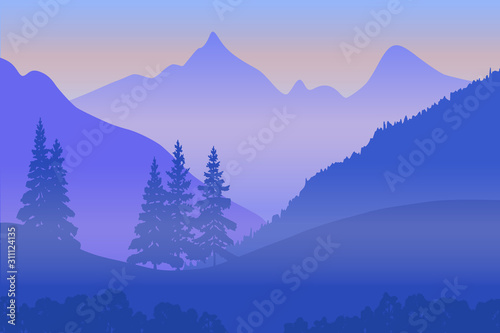 Fantasy on the theme of the evening landscape, sunset in the mountains, vector illustration, EPS10 © Valerii