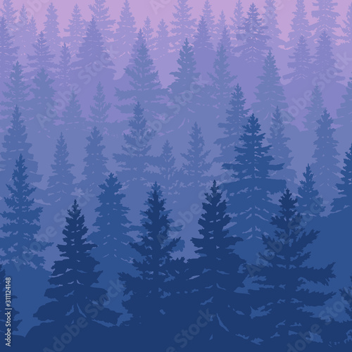 Taiga in the fog, vector background
