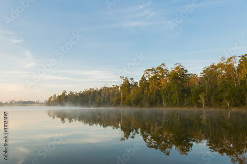Beautiful nature and fog on the reservoir in khao yai national park