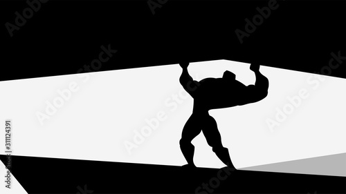 heroic man silhouette holding a rock