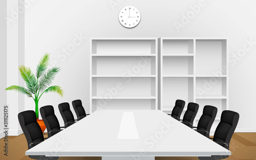 white table and chairs with bookcase in the meeting room