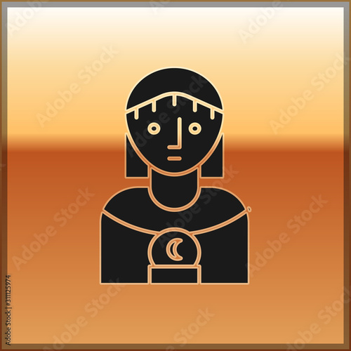 Black Astrology woman icon isolated on gold background. Vector Illustration