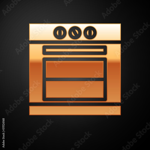 Gold Oven icon isolated on black background. Stove gas oven sign. Vector Illustration