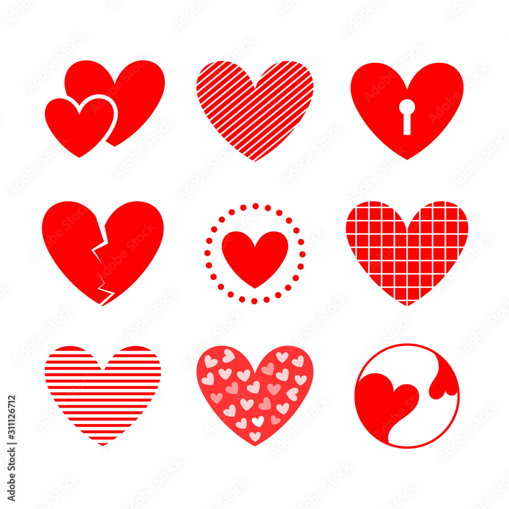 Hearts hand drawn collection.  Design stylized element for valentine's day. Concept of love on white background. Love symbol. Set of red hearts. Vector illustration.