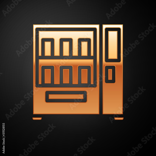 Gold Vending machine of food and beverage automatic selling icon isolated on black background. Vector Illustration