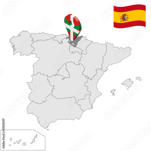 Location of Basque Country on map Spain. 3d Basque Country location sign similar to the flag of Basque Country. Quality map with regions Kingdom of Spain. Stock vector. EPS10.