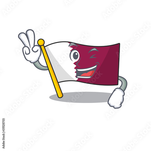 Funny flag qatar Scroll cartoon Character with two fingers