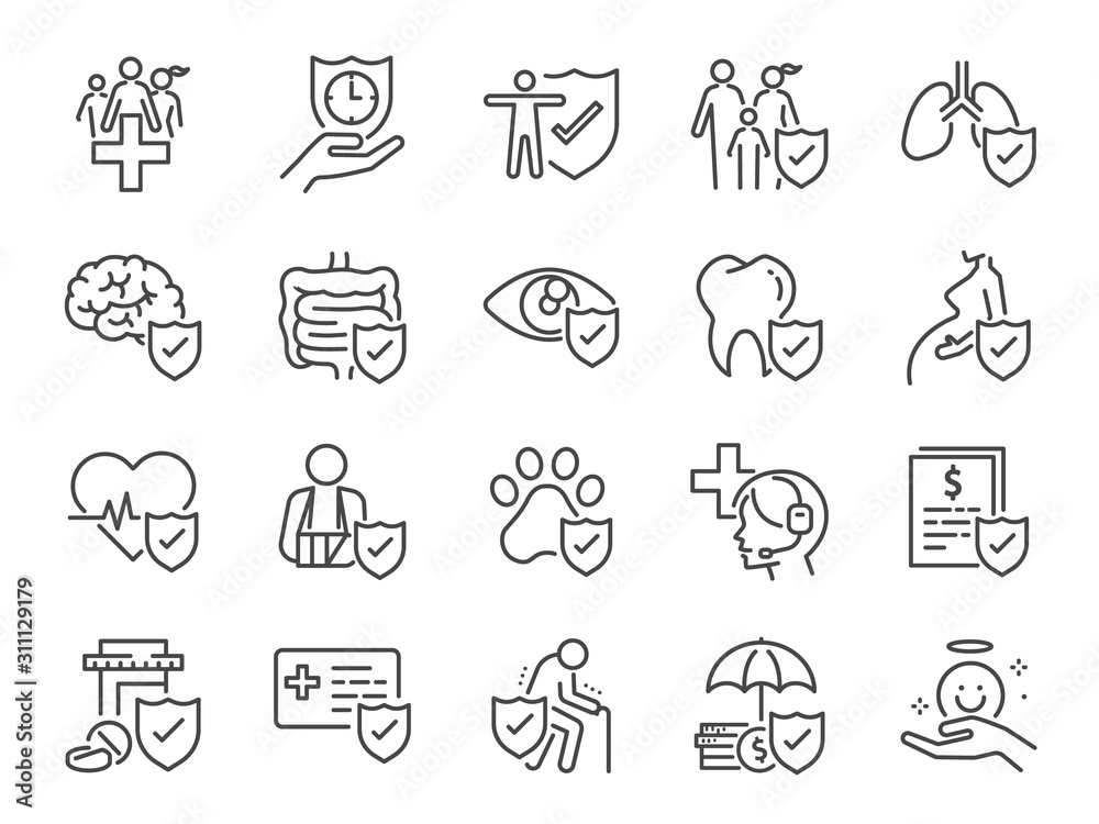 Health insurance icon set. Included icons as emergency, secure, risk management, protection, healthcare and more. - obrazy, fototapety, plakaty 