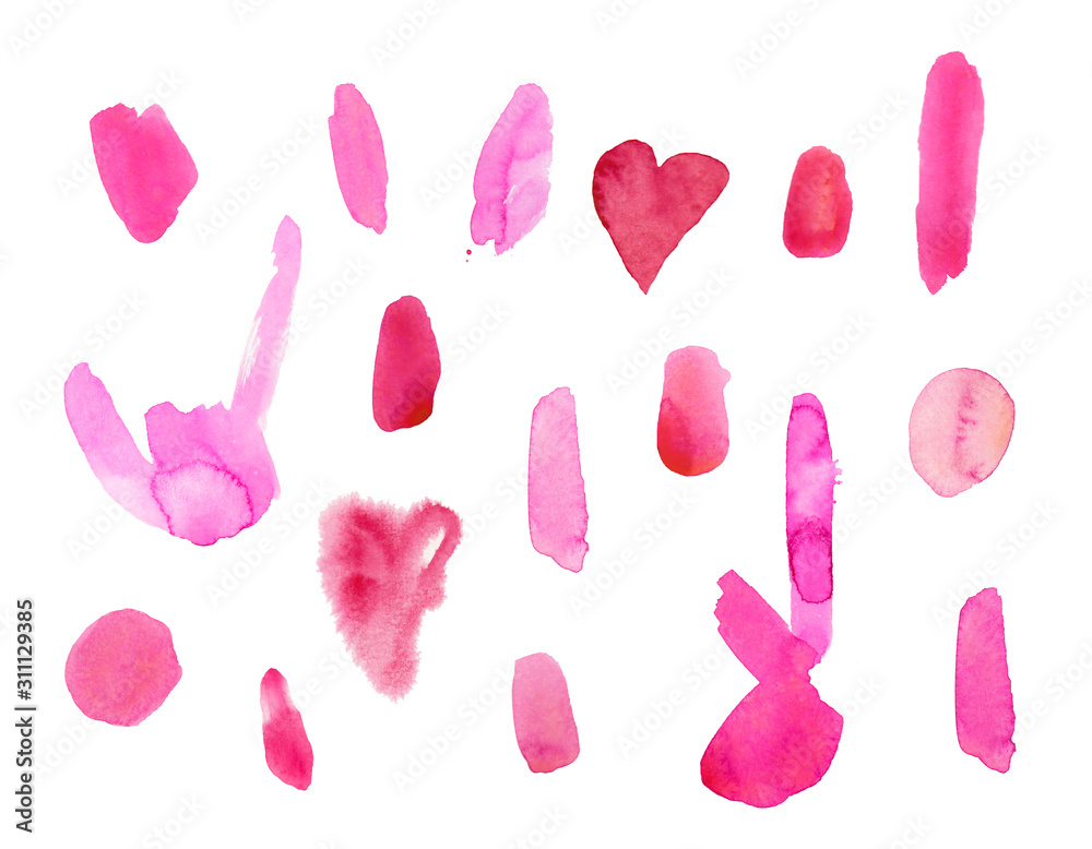 A set of pink watercolour textures for Valentine 's Day. Circles, blots, splashes, hearts and lines on an isolated background. Design for cards, textiles, packaging paper, stickers, web, backgrounds. A set of pink watercolour textures for Valentine 's Day. Circles, blots, splashes, hearts and lines on an isolated background. Design for cards, textiles, packaging paper, stickers, web, backgrounds.