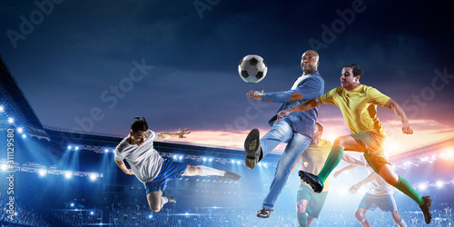 Fototapeta Naklejka Na Ścianę i Meble -  Soccer man in action with ball. Mixed media