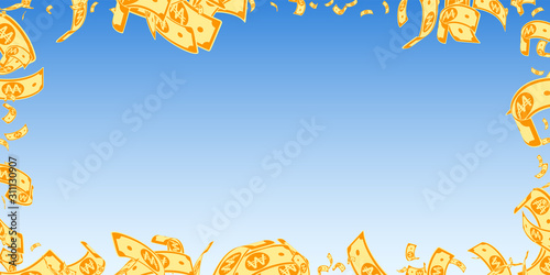 Korean won notes falling. Messy WON bills on blue 