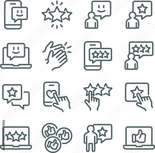 Feedback Rating icons set vector illustration. Contains such icon as Review, Favorite, Like, Survey and more. Expanded Stroke