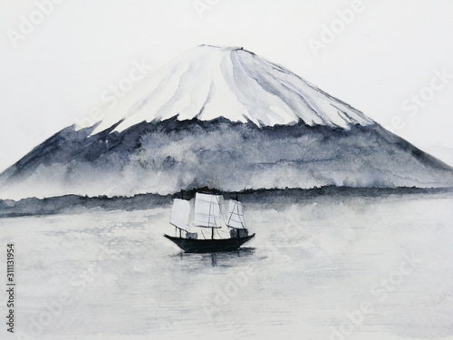 watercolor painting boat with fuji japanese mountains. Traditional oriental. asia art sumi-e style. photo