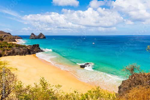 Beautiful view of Americano and Cacimba do Padre beaches in Fernando de Noronha and Morro dos Dois Irm  os in the background