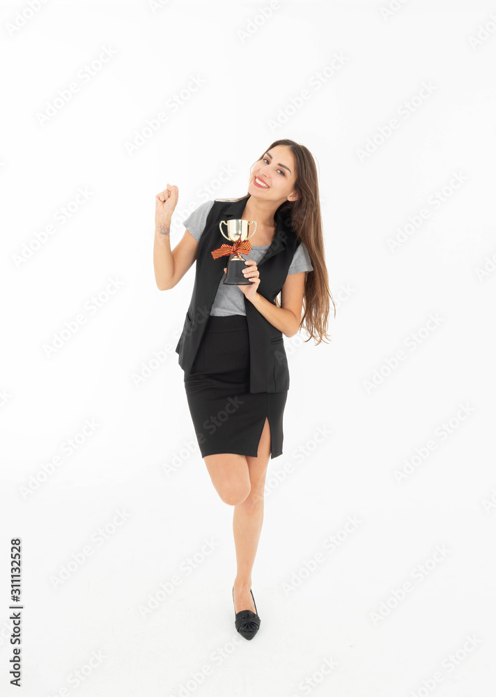 Women dressed in skirts and T-shirts and waistcoats Wear shoes Holding a trophy of honor Pretending to be happy and excited to receive the trophy Shot on a white background Women dressed in skirts and T-shirts and waistcoats Wear shoes Holding a trophy of honor Pretending to be happy and excited to receive the trophy Shot on a white background