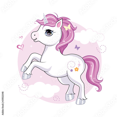 Cute little unicorn character over pink round background. Vector.
