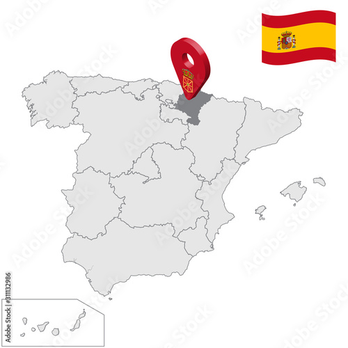 Location of Navarre on map Spain. 3d Autonomous Community Navarre location sign similar to the flag of Navarre. Quality map with regions Kingdom of Spain. Stock vector. EPS10.