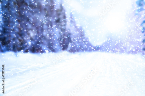 Spruce forest in winter. Snowy road in the forest. Bright sun and falling snowflakes © ArtEvent ET