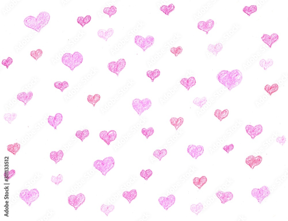 Hearts drawn by pencils on paper. Abstract white light and dark pink texture and background. Great basic of print, badge, party invitation, banner, tag.