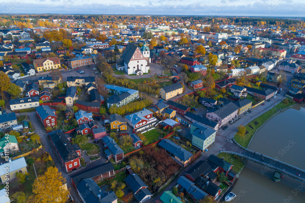 Landscape of old Porvoo on October day (aerial photography). Finland