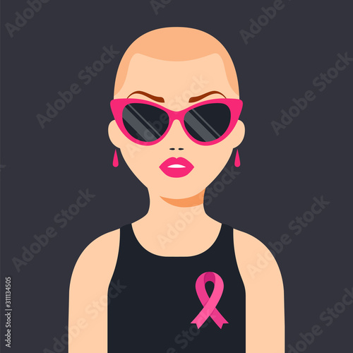a girl who defeated breast cancer. pink ribbon in support of women. flat vector illustration.