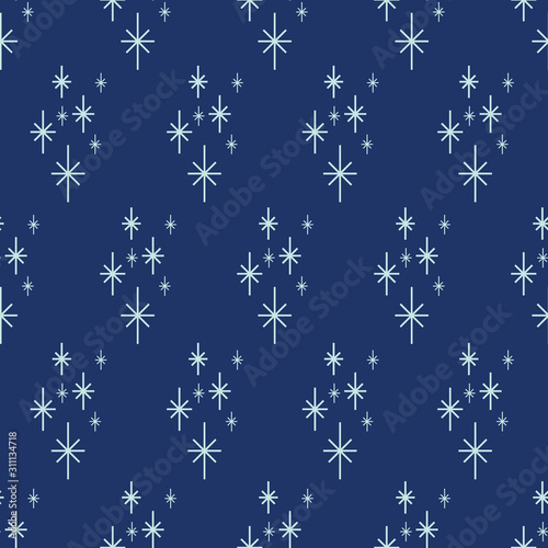 Scandinavian stars on dark blue background seamless pattern. Simple, classic style for winter holidays, Christmas, birthdays, stargazing. Great for gift boxes, wrapping paper, textiles, packaging. 