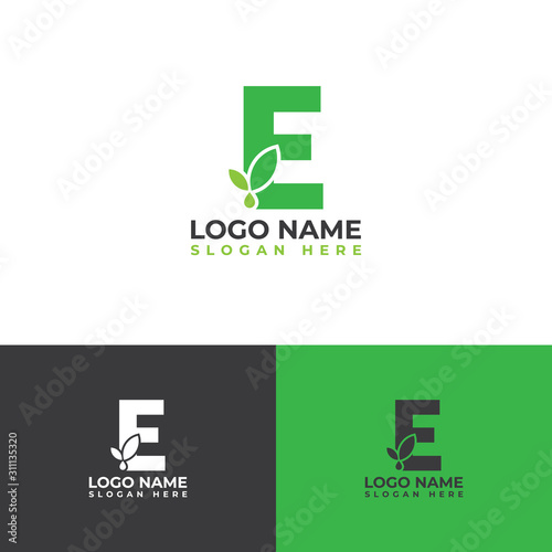 Initial E letter leaves with water droplets. Minimalist and modern cannabis leaf design