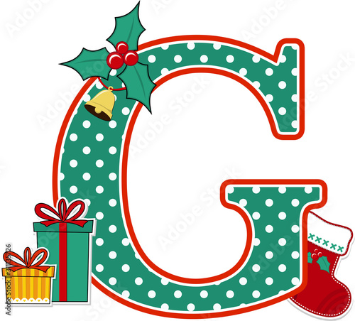 capital letter g with polka dots pattern and christmas design elements isolated on white background. can be used for holiday season card, nursery decoration or christmas celebration invitation