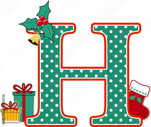 capital letter h with polka dots pattern and christmas design elements isolated on white background. can be used for holiday season card, nursery decoration or christmas celebration invitation