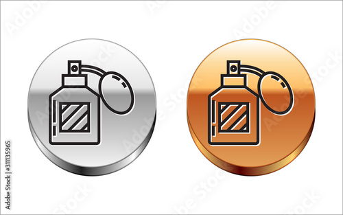 Black line Aftershave icon isolated on white background. Cologne spray icon. Male perfume bottle. Silver-gold circle button. Vector Illustration
