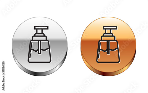 Black line Aftershave icon isolated on white background. Cologne spray icon. Male perfume bottle. Silver-gold circle button. Vector Illustration