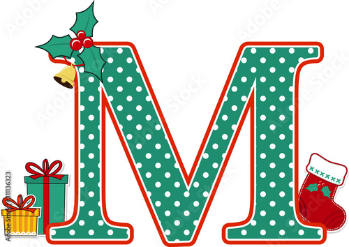 capital letter m with polka dots pattern and christmas design elements isolated on white background. can be used for holiday season card, nursery decoration or christmas celebration invitation