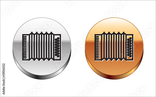 Black line Musical instrument accordion icon isolated on white background. Classical bayan, harmonic. Silver-gold circle button. Vector Illustration
