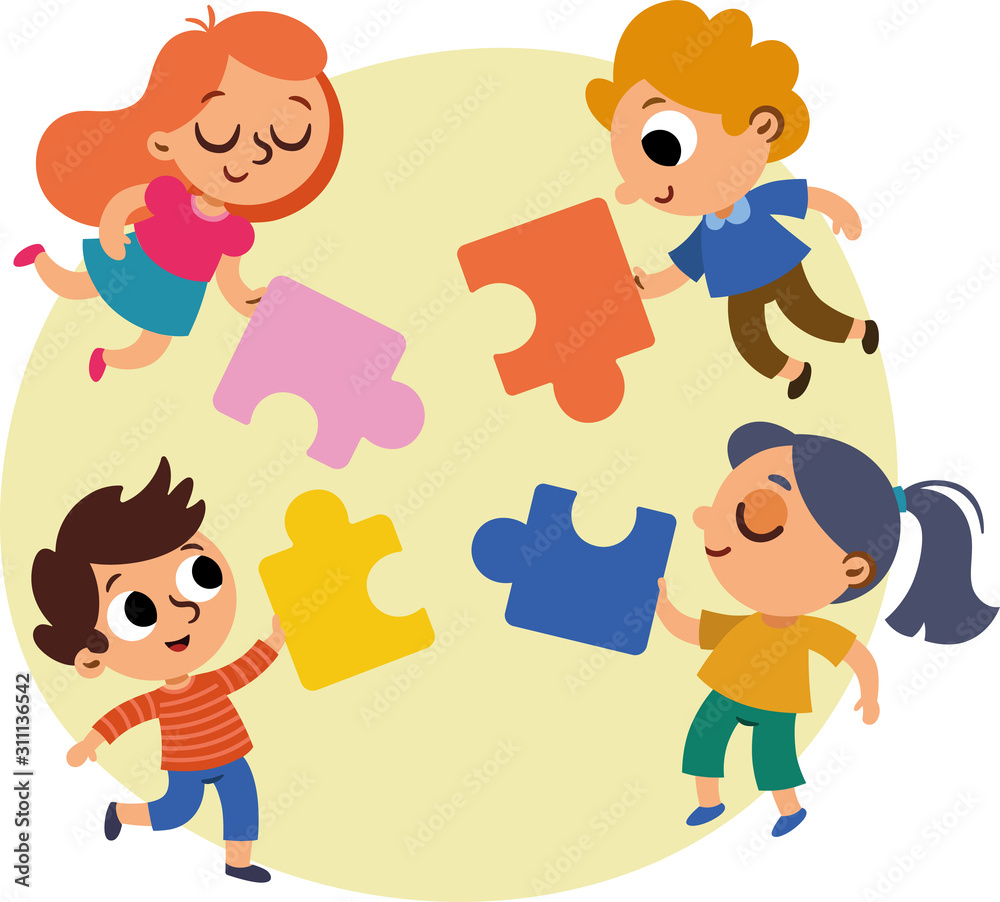 Four children are coming together for make a big puzzle. Vector illustration. Four children are coming together for make a big puzzle. Vector illustration.