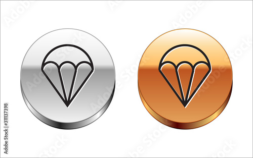 Black line Parachute icon isolated on white background. Extreme sport. Sport equipment. Silver-gold circle button. Vector Illustration