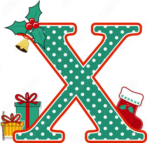 capital letter x with polka dots pattern and christmas design elements isolated on white background. can be used for holiday season card, nursery decoration or christmas celebration invitation